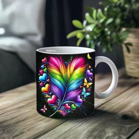 1pc_Rainbow Feather Heart Design ceramic cup 11 ounces, coffee/tea/wine glass, suitable for Valentine's Day, birthdays,
