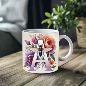 1pc_Flower And Insect Decoration Letter A ceramic cup 11 ounces, coffee/tea/wine glass, suitable for Valentine's Day,